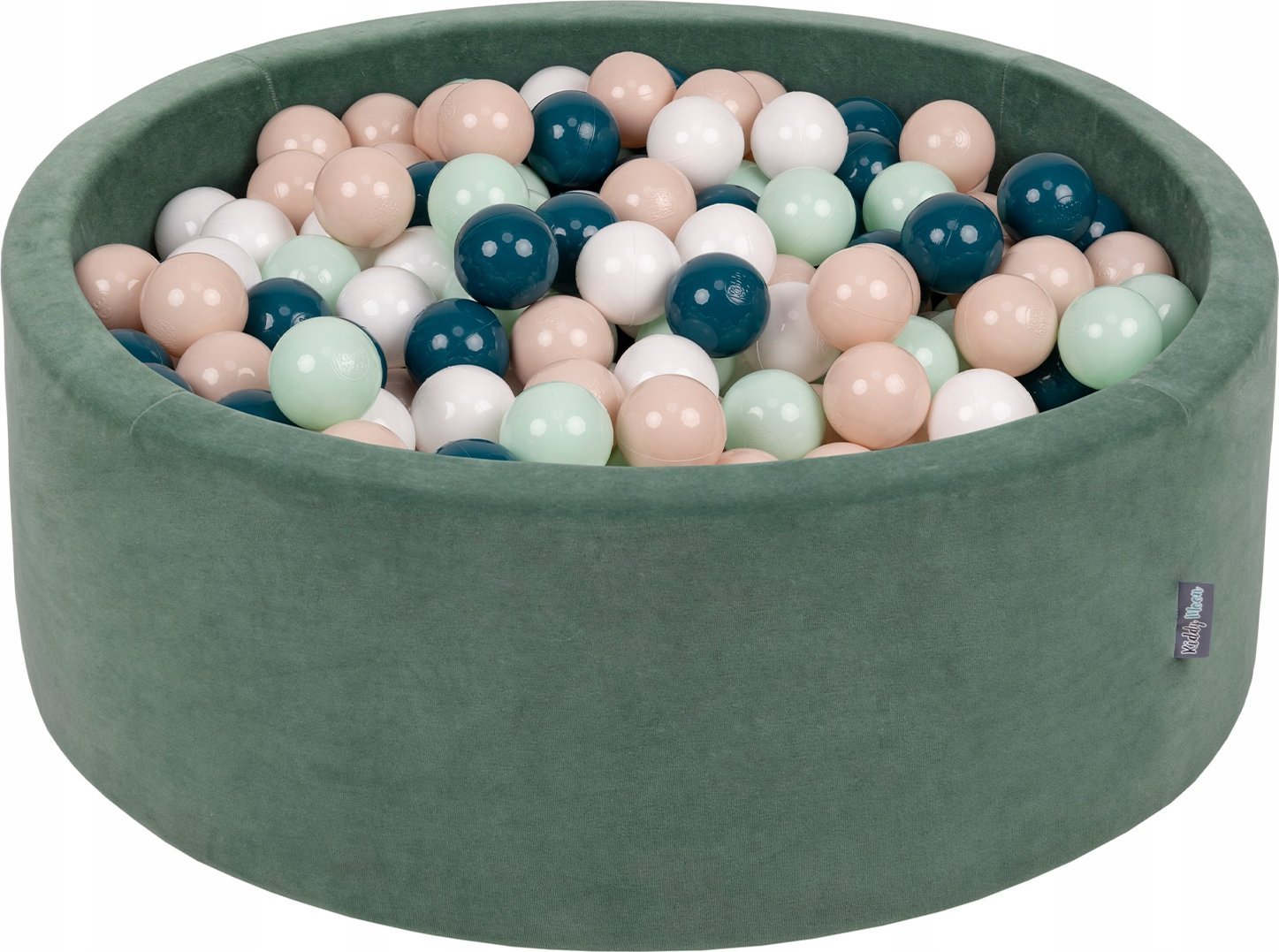 KiddyMoon Suchy basen okrągły VELVET z piłeczkami 7cm zieleń lasu: ciemny turkus-pastelowy beż-biały-mięta 90x30cm/300piłek Zabawka basen piankowy