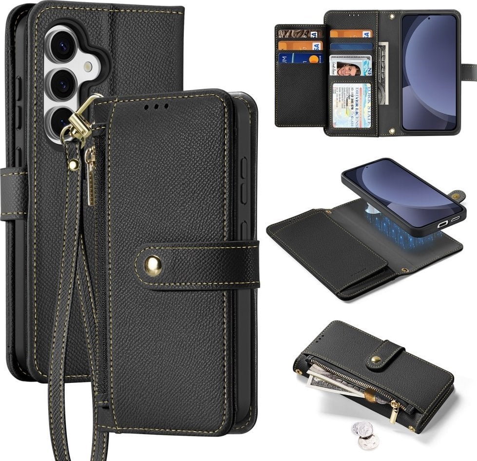 Etui skórzane Dux Ducis Lawa na Samsung Galaxy S25+ z odłączanym portfelem magnetycznym - czarne