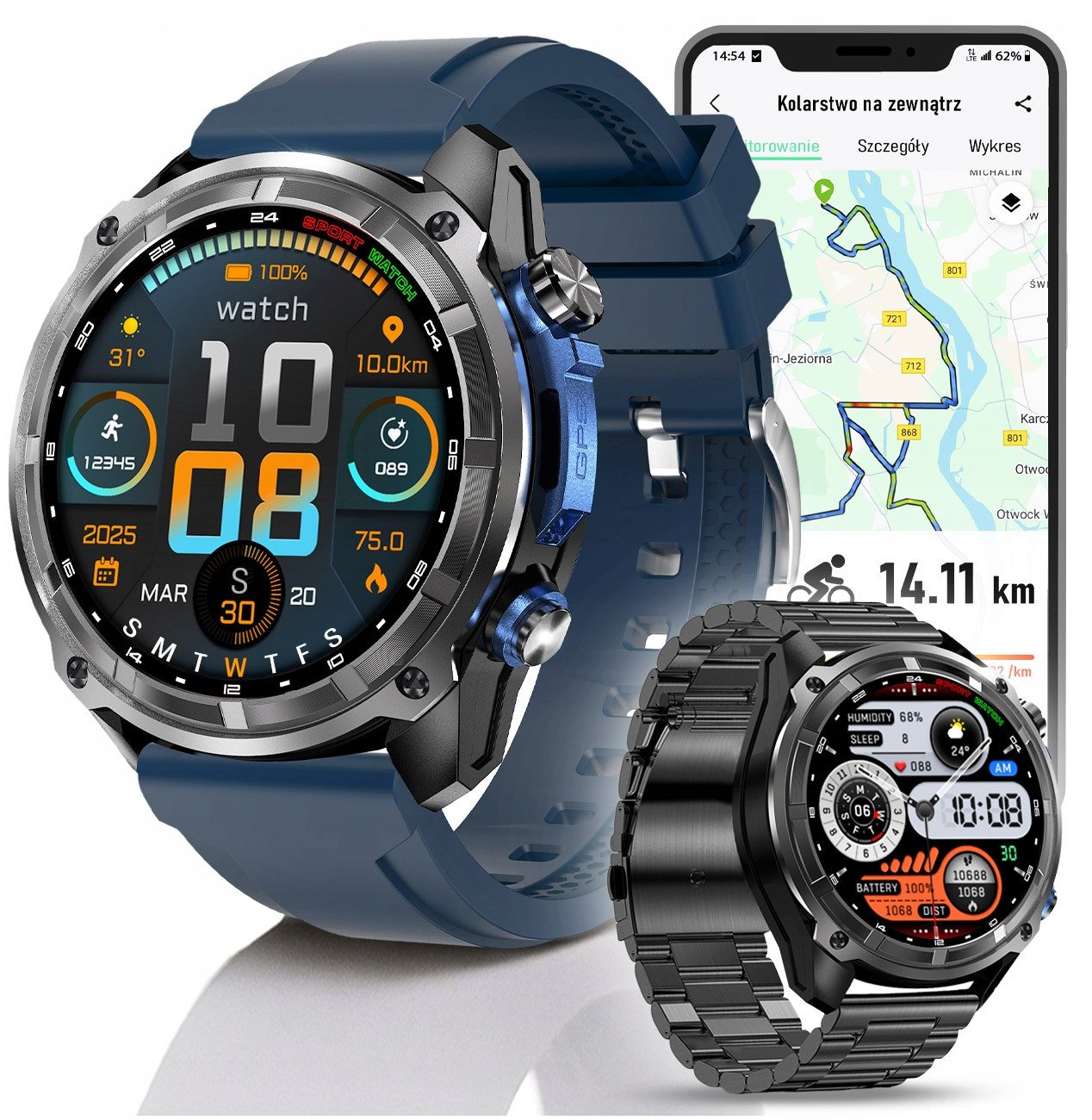 Smartwatch Męski - Zegarek Menu PL GPS Amoled Dyktafon Wodoodpony - 860mAh