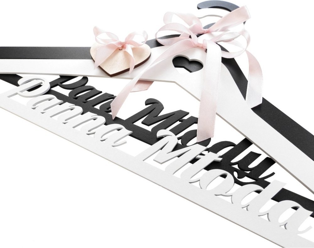MT3CH Eleganckie metalowe wieszaki ślubne weselne Panna Młoda Pan Młody 3D wstążka personalizacja grawer imiona