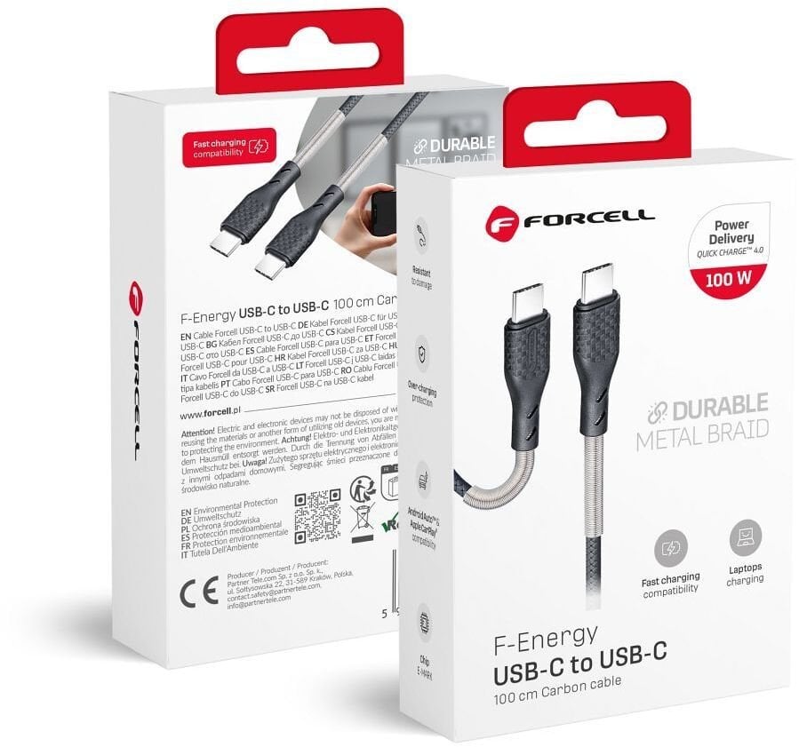 ForCell Kabel USB C do USB C F-Energy QC4.0 PD 5A 100W Carbon 1 m czarny