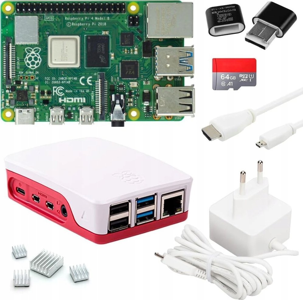 Raspberry Pi 4 zestaw startowy 8 GB karta SD 64 GB 4K radiatorów model