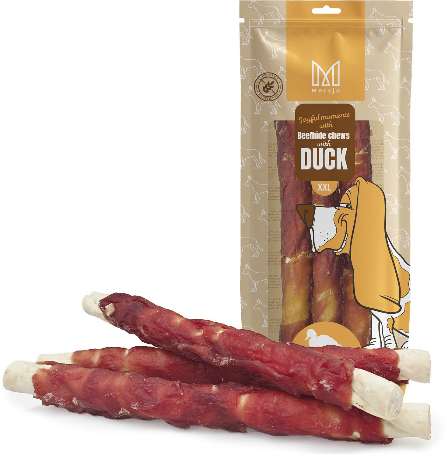 Gryzak XXL 25cm ze skóry wołowej z piersią z kaczki, przysmak dla psa, Mersjo, 240g
