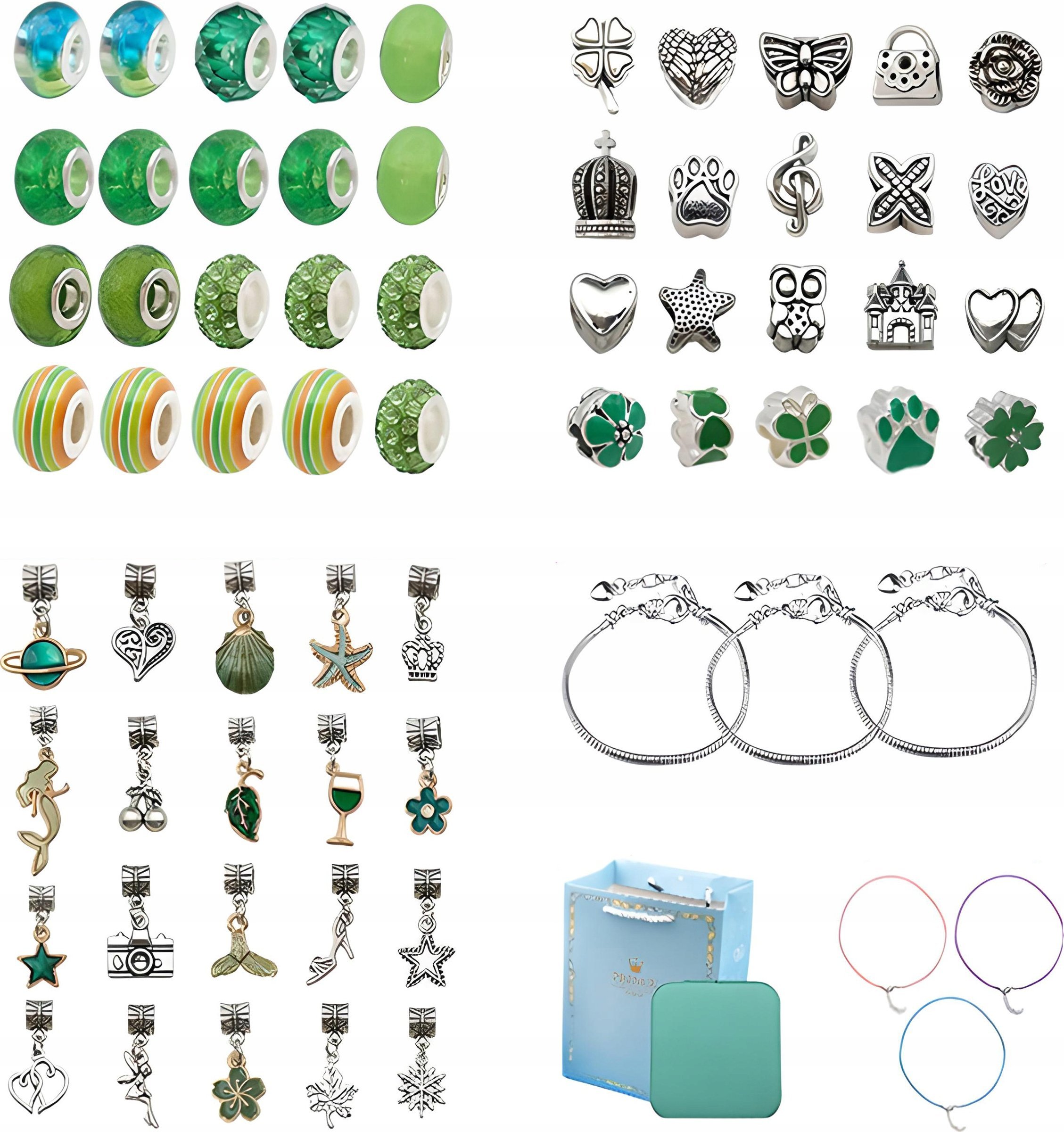 Zestaw Do Tworzenia Robienia Biżuterii, Bransoletek, Charmsy, Zawieszki, Koraliki ODCIENIE ZIELENI + Etui