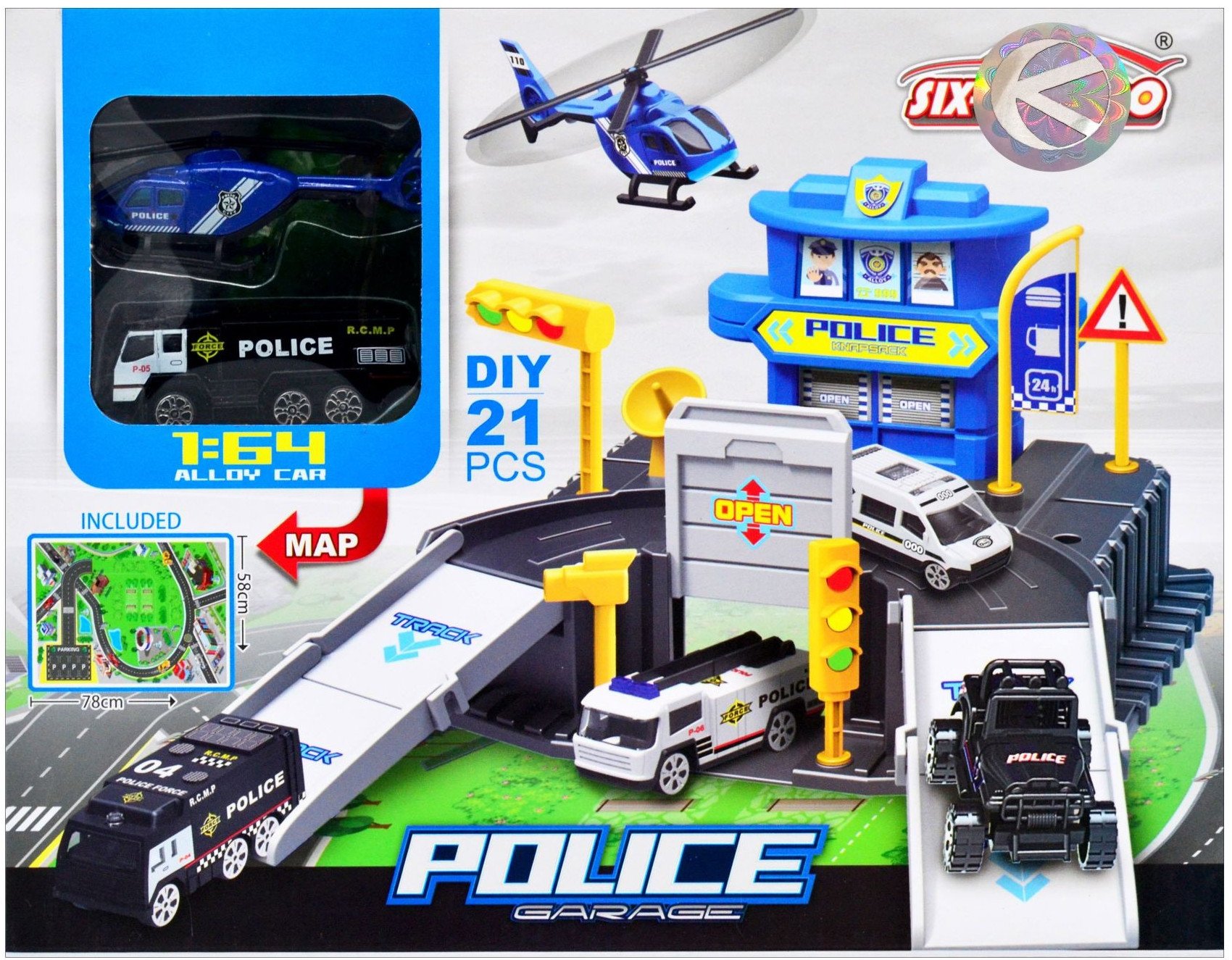 Parking policyjny w zestawie auto i helikopter