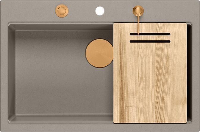 Zlewozmywak GraniteQ Zlewozmywak granitowy MARC 1-komorowy 76x50 cm szarobeżowy/soft taupe + Nano MIEDŹ PVD