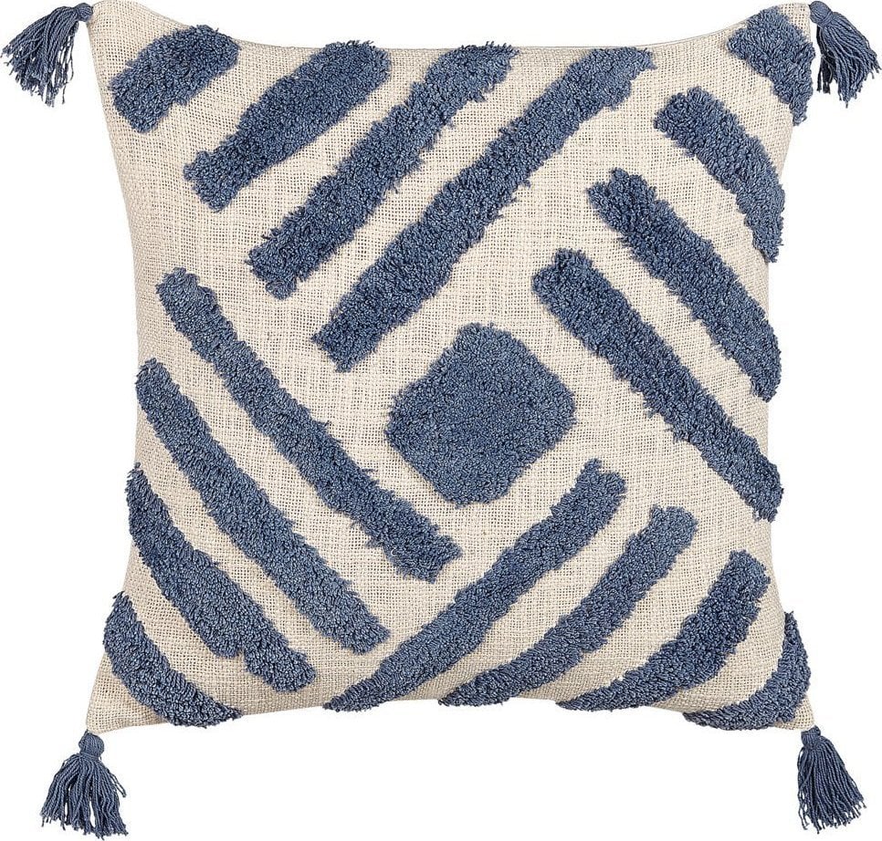 Beliani Bawełniana poduszka dekoracyjna geometryczny wzór z frędzlami 45 x 45 cm beżowo-niebieska JACARANDA!