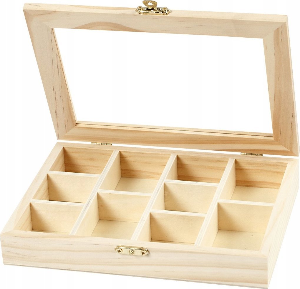 Pudełko drewniane z szybą i przegródkami