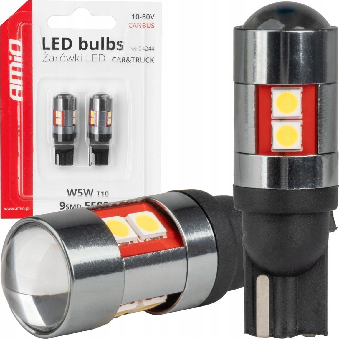Żarówki led canbus t10 w5w 9 smd 3030 white 12v 24v 36v 48v amio-04244