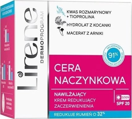 Lirene Lirene, Cera Naczynkowa Nawilżający krem redukujący zaczerwienienia SPF 20, 50 ml - Długi termin ważności!