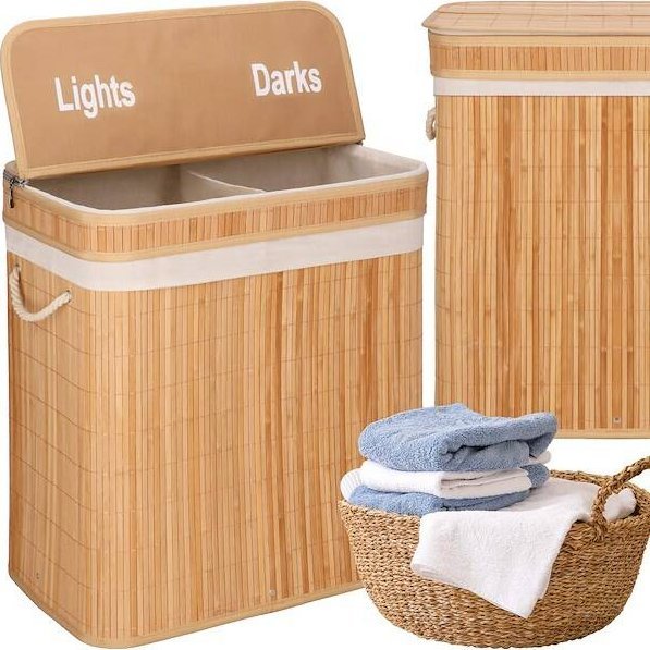 Kosz na pranie Springos Kosz na pranie 100l z pokrywą bambusowy, dwukomorowy jasnobrązowy UNIWERSALNY