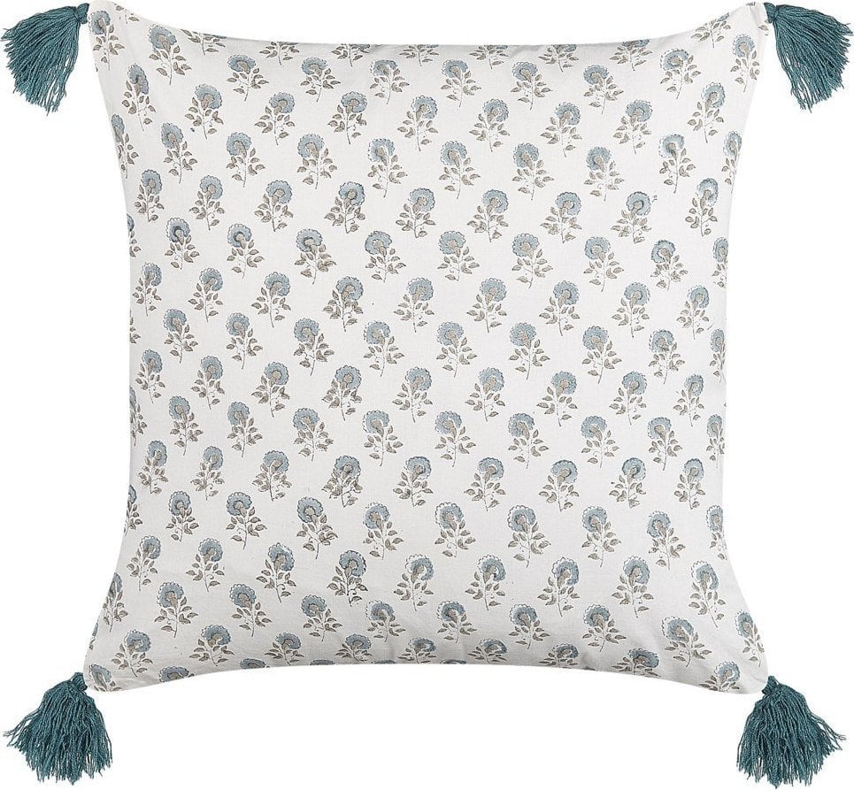 Beliani Bawełniana poduszka dekoracyjna w kwiaty z frędzlami 45 x 45 cm biało-niebieska CORNUS!