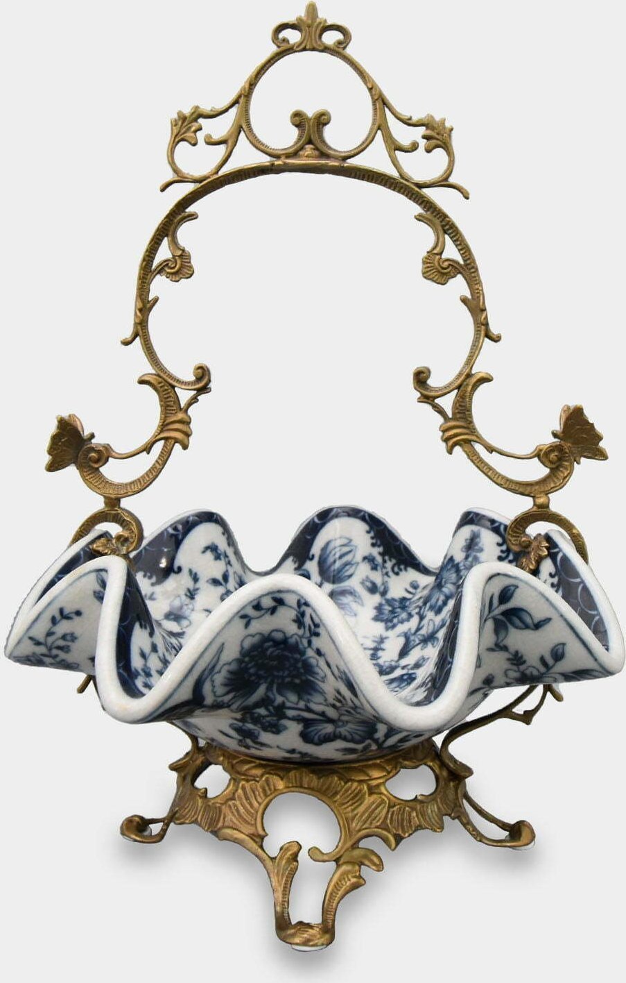 rzezbyzbrazu Porcelanowa Misa okuta Brązem Koszyk w Niebieskie Kwiaty