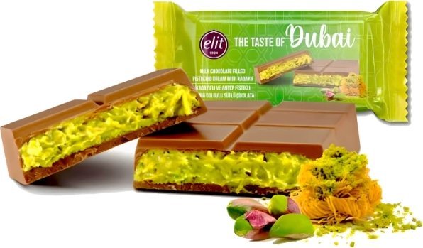Elit Dubai Chocolate Crunchy Knafeh Pistachio, dubajska mleczna czekolada z kremem pistacjowym i ciastem kataifi 90g -