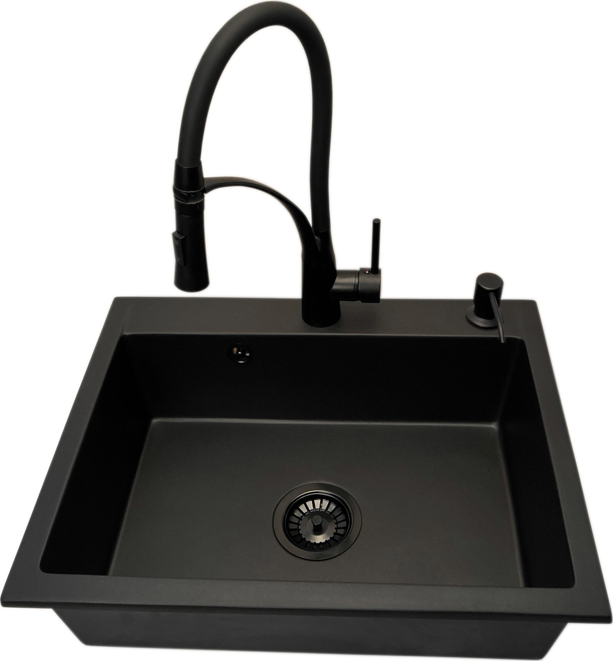 Zlewozmywak PREHNIT Zlewozmywak jednokomorowy ELAN czarny + bateria czarna NEXO + dozownik czarny