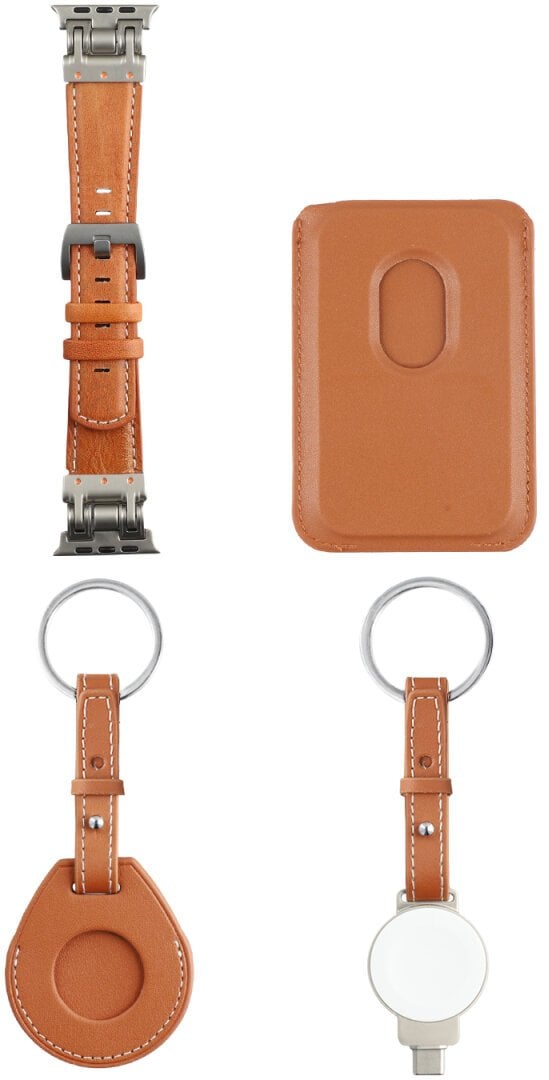 Zestaw akcesoriów 4w1 4smarts Style portfel MagSafe, ładowarka do Apple Watch, pasek do Apple Watch, etui na AirTag, brązowy