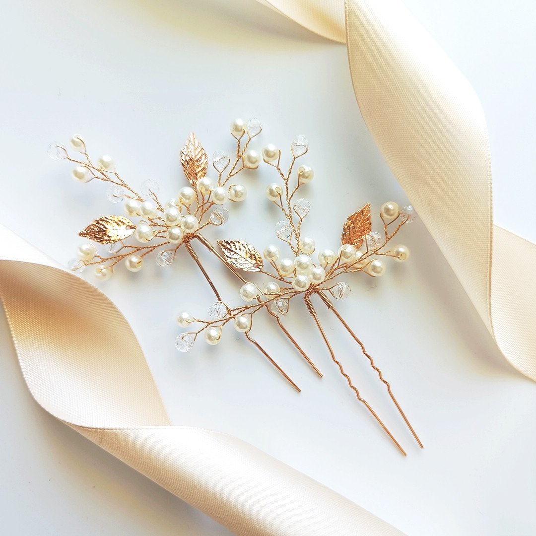 Pozłacane ozdoby do włosów zestaw komplet wsuwek z listkami perełkami perły