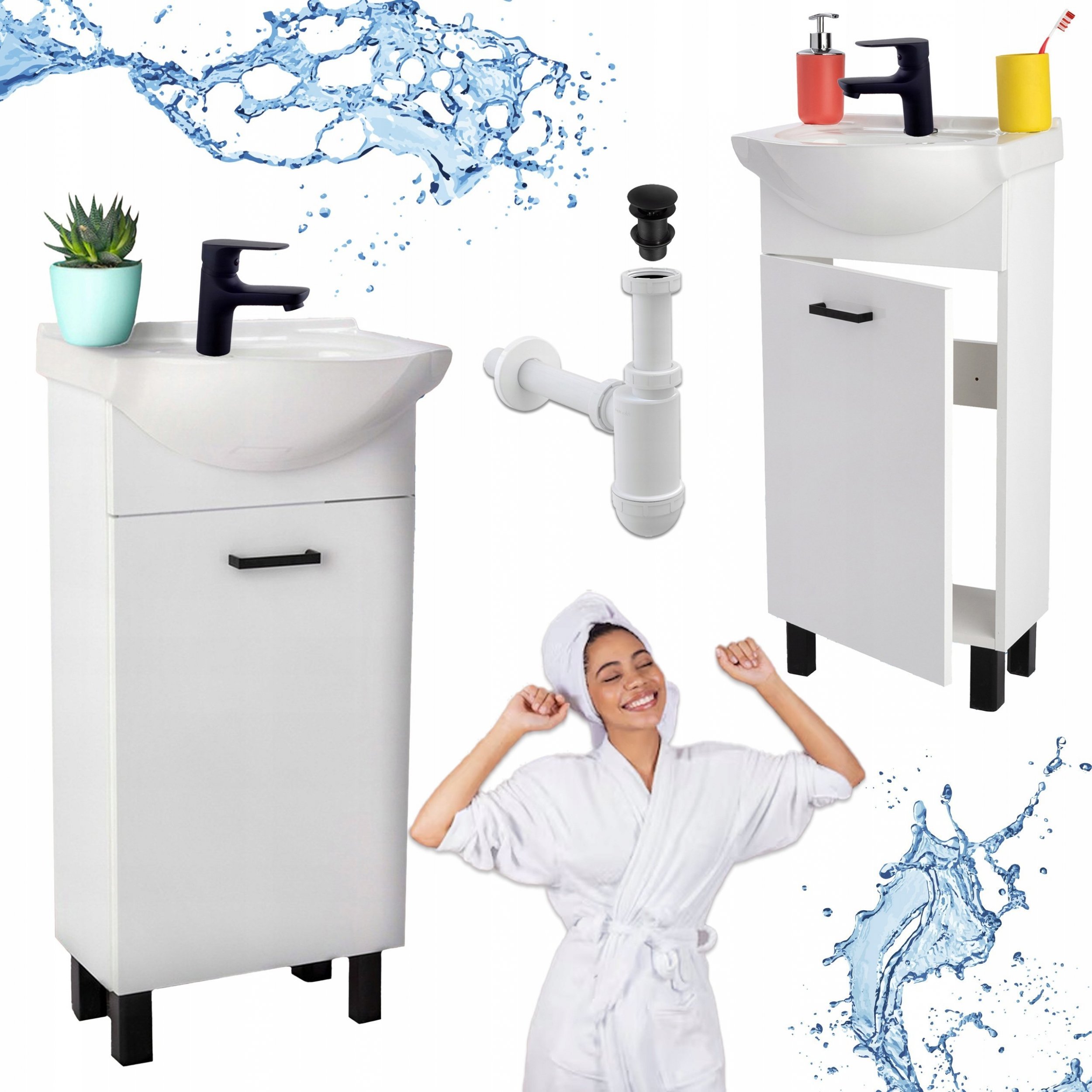 Stamar Biała Szafka z Umywalką 40 Czarne Nogi Połysk + Bateria Click Clack + Syfon