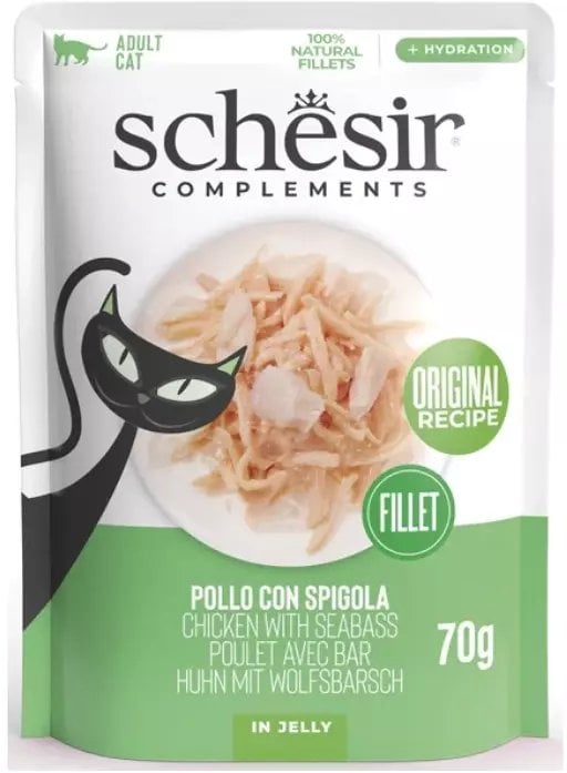 Schesir Complements, karma mokra, dla kotów, kurczak z dorszem w galarecie, 70 g, saszetka