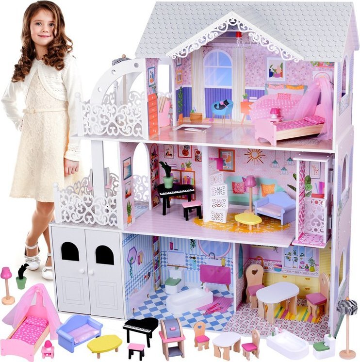 Duży Ażurowy Domek drewniany dla lalek + Winda Garaż Balkon Meble ZA5388