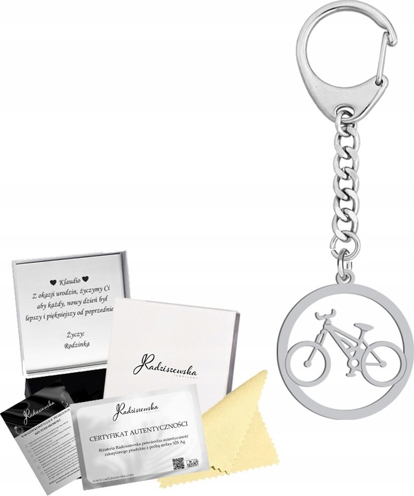Radziszewska Jewellery Brelok do Kluczy Rower Srebro 925 Prezent Brelok z Rowerem GRAWER GRATIS