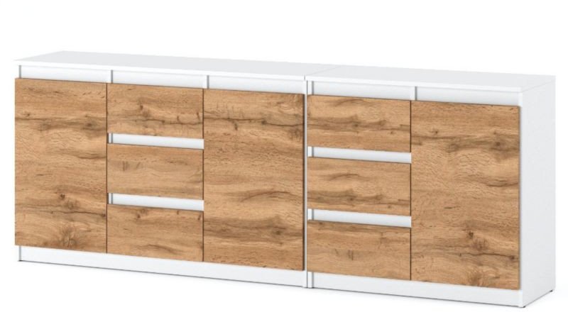 Komoda Biała Drewniana Z 6 Szufladami 200cm Nowoczesna Salon Dąb Wotan