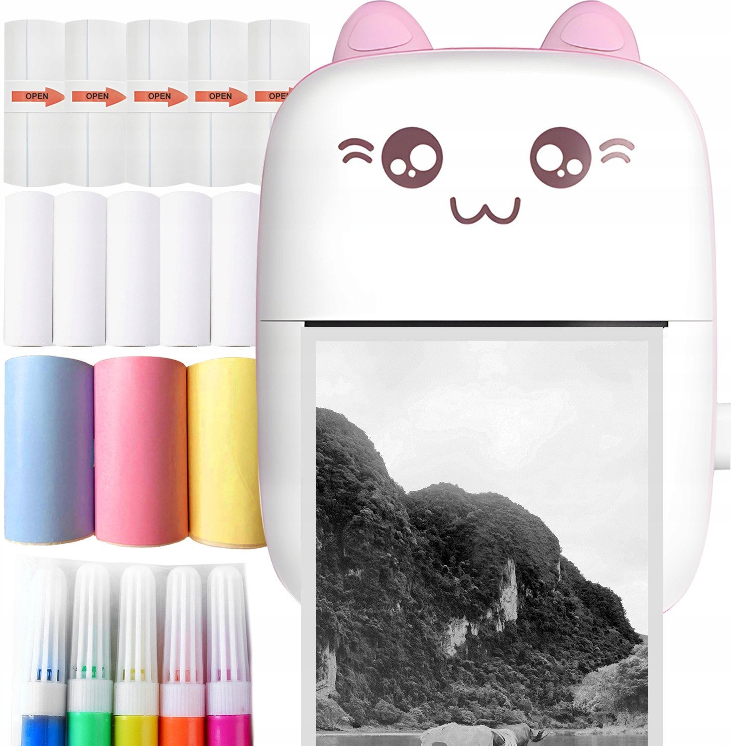 ZESTAW 18 W 1 MINI DRUKARKA PRZENOŚNA BEZPRZEWODOWA RÓŻOWA C28