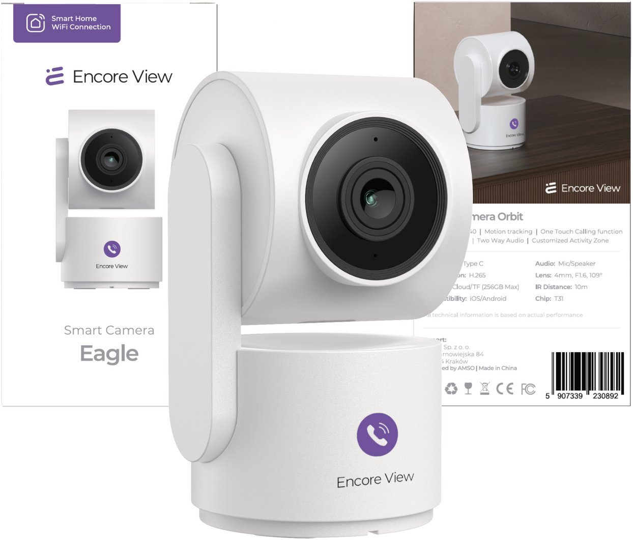 Nowa inteligentna kamera domowa WiFi PTZ 4Mpx FHD 3x Zoom IR night vision USB-C Encore View Eagle