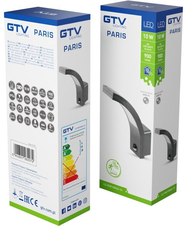 Wall LED outdoor light GTV PARIS, IP54, 4000 K, 10 W, 900 lm, with motion sensor, 26 x 7 cm