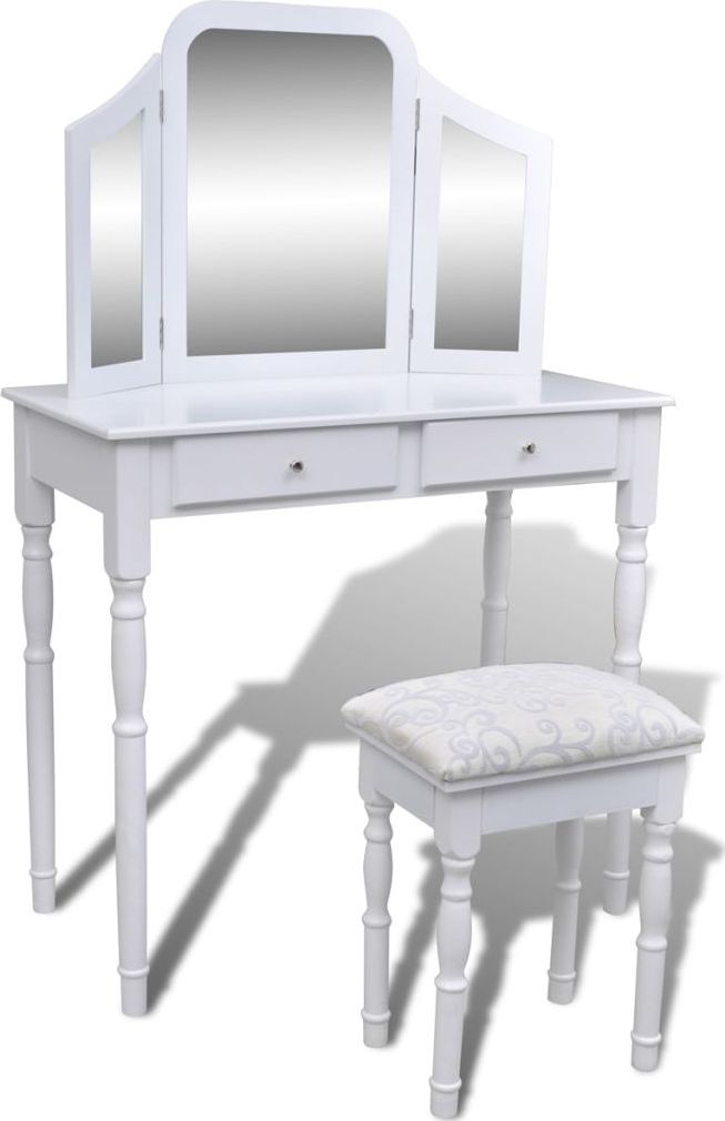 vidaXL Toaletka z 3-częściowym lustrem, 2 szufladami i stołkiem, biała