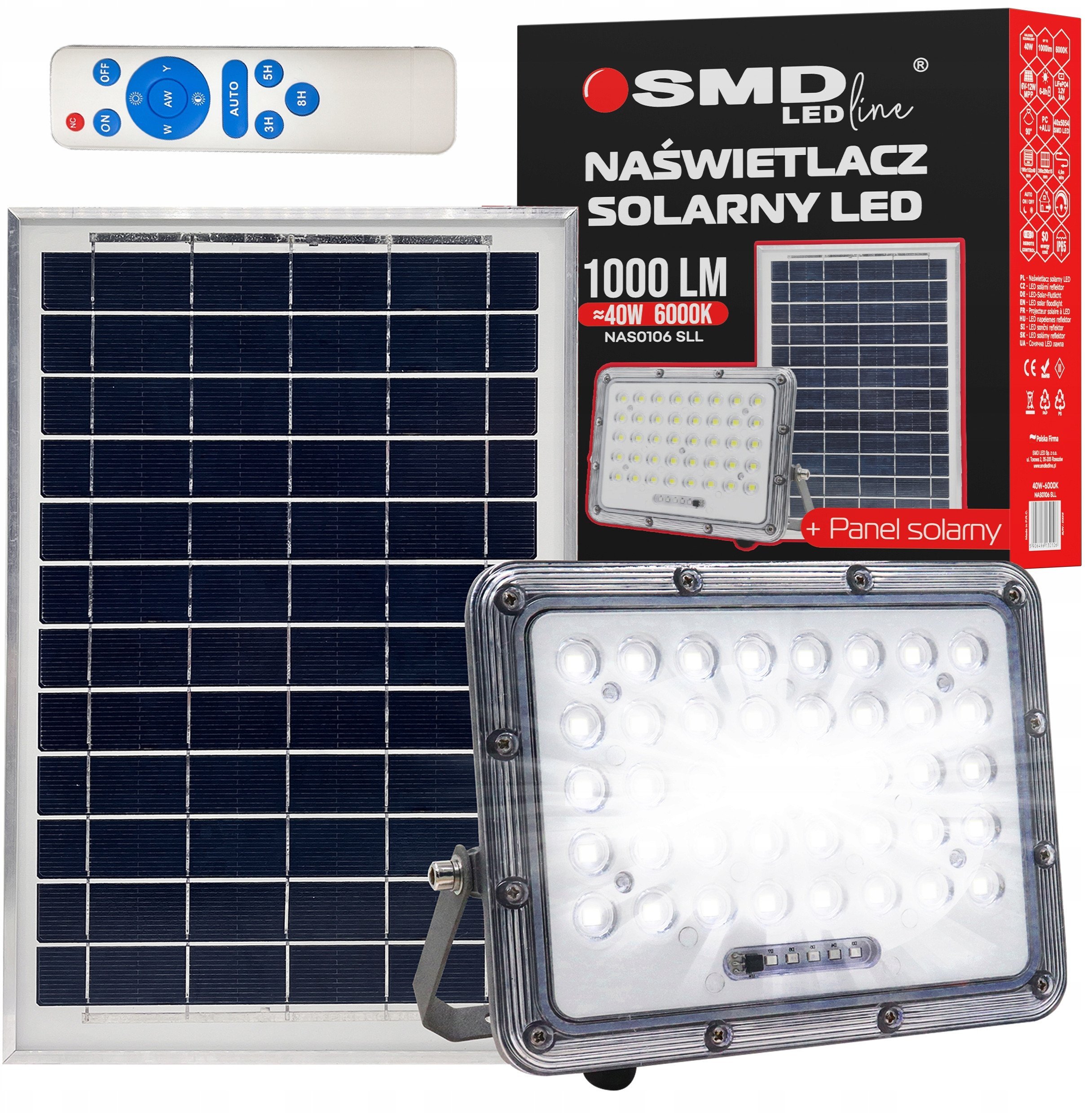 NAŚWIETLACZ LED SOLARNY 40W 6000K 1000LM + PANEL