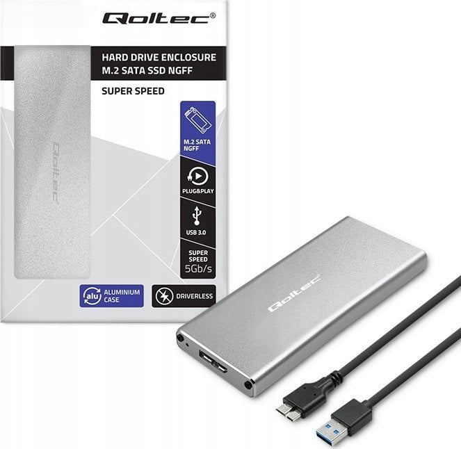 Kieszeń Qoltec Obudowa/kieszeń Qoltec na dysk M.2 SSD | SATA | NGFF | USB 3.0 | Super speed 5Gb/s | 2TB | Srebrny