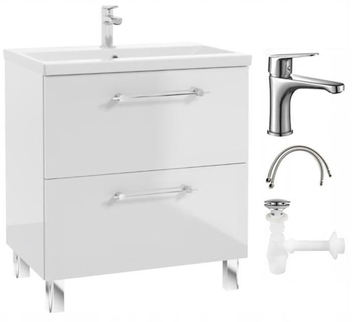 Zestaw Szafka łazienkowa z umywalką baterią i syfonem 80cm Stojąca biały połysk Cassandra