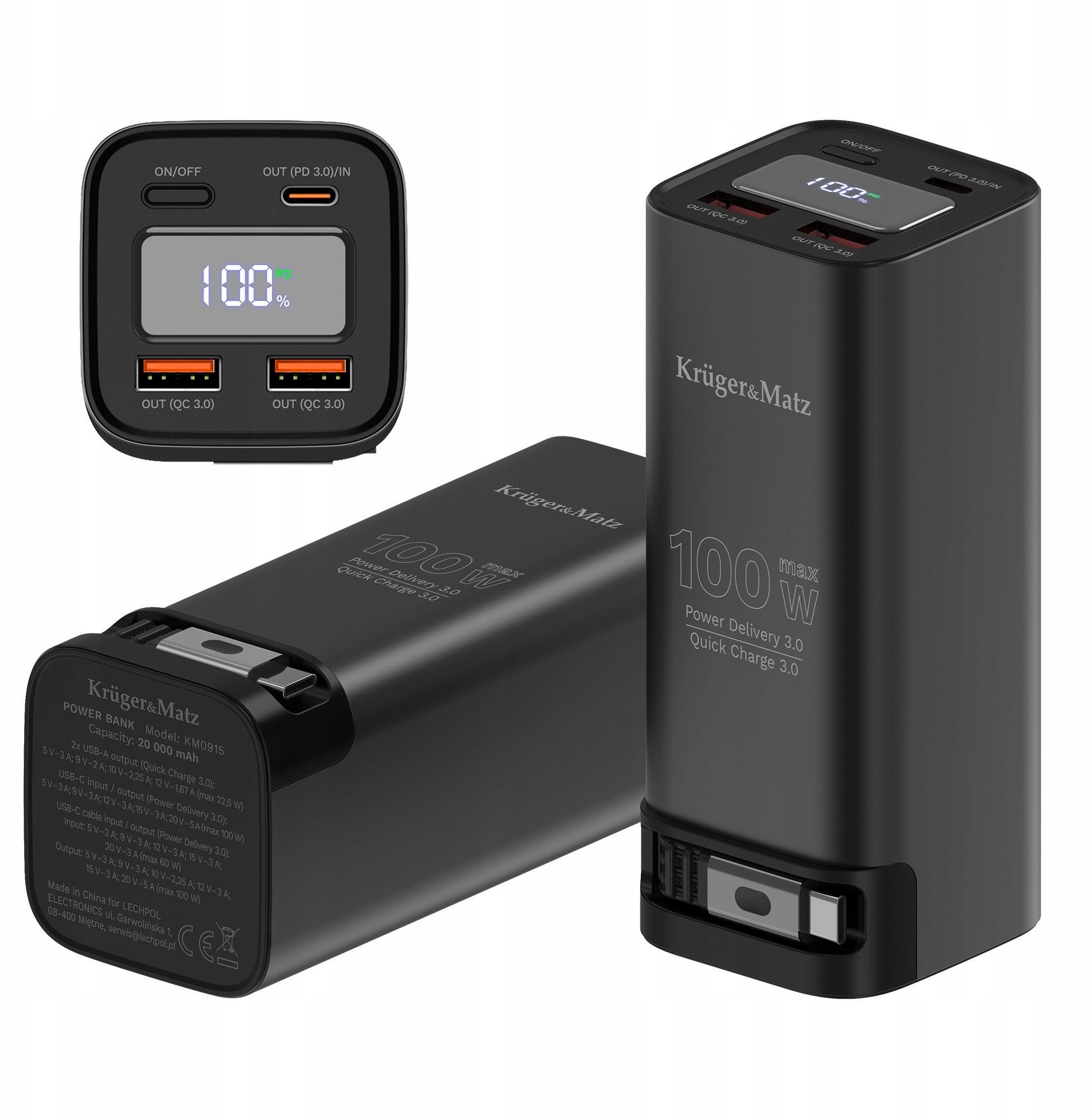 PowerBank Kruger&Matz 20000 mAh Li-ion 100W z funkcją QC oraz PD