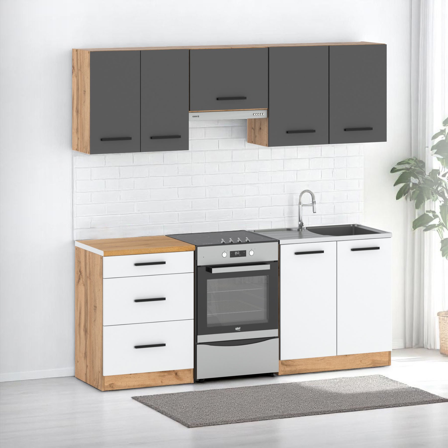 Zestaw Kuchenny Modułowy Nowoczesny Z Blatem Mały 2m Wotan Szary Biały Mat