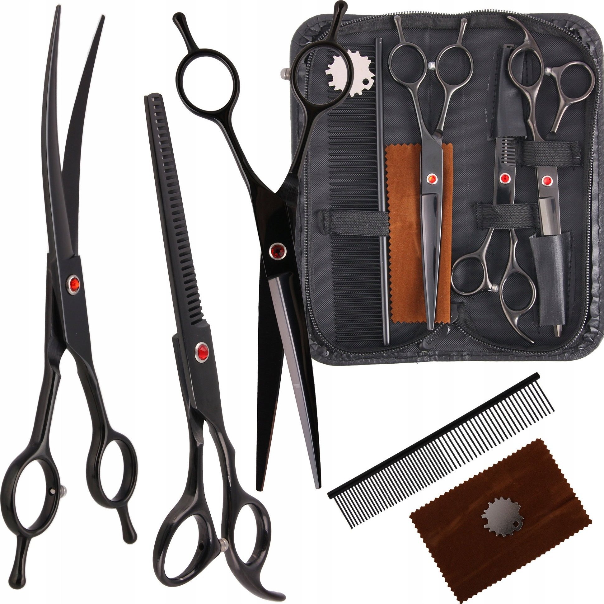 Nożyczki Fryzjerskie Groomerskie 7.0 Zestaw 3+1 grzebień degażówki dla zwierząt