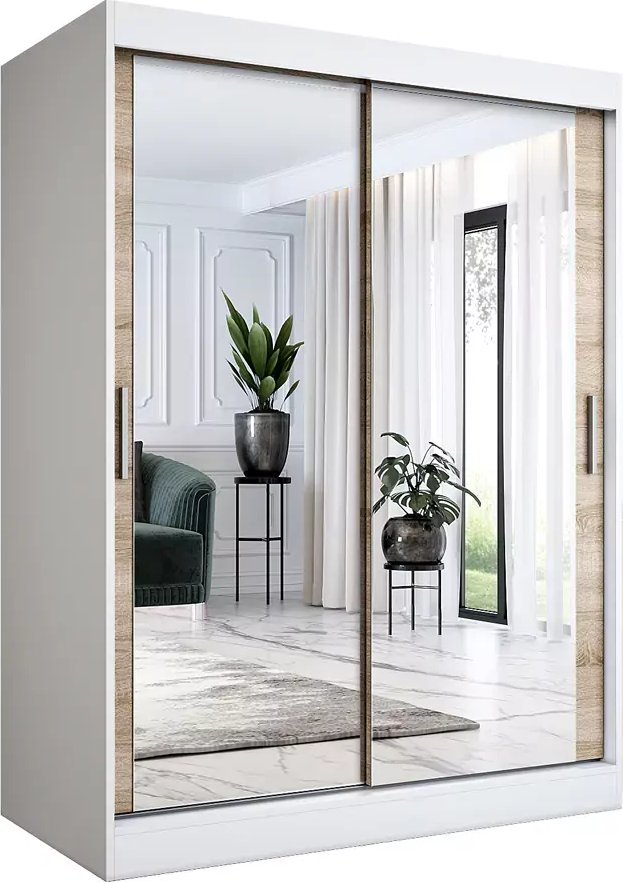 Elior Szafa przesuwna z lustrem 150 cm biel + dąb sonoma - Edna 4X