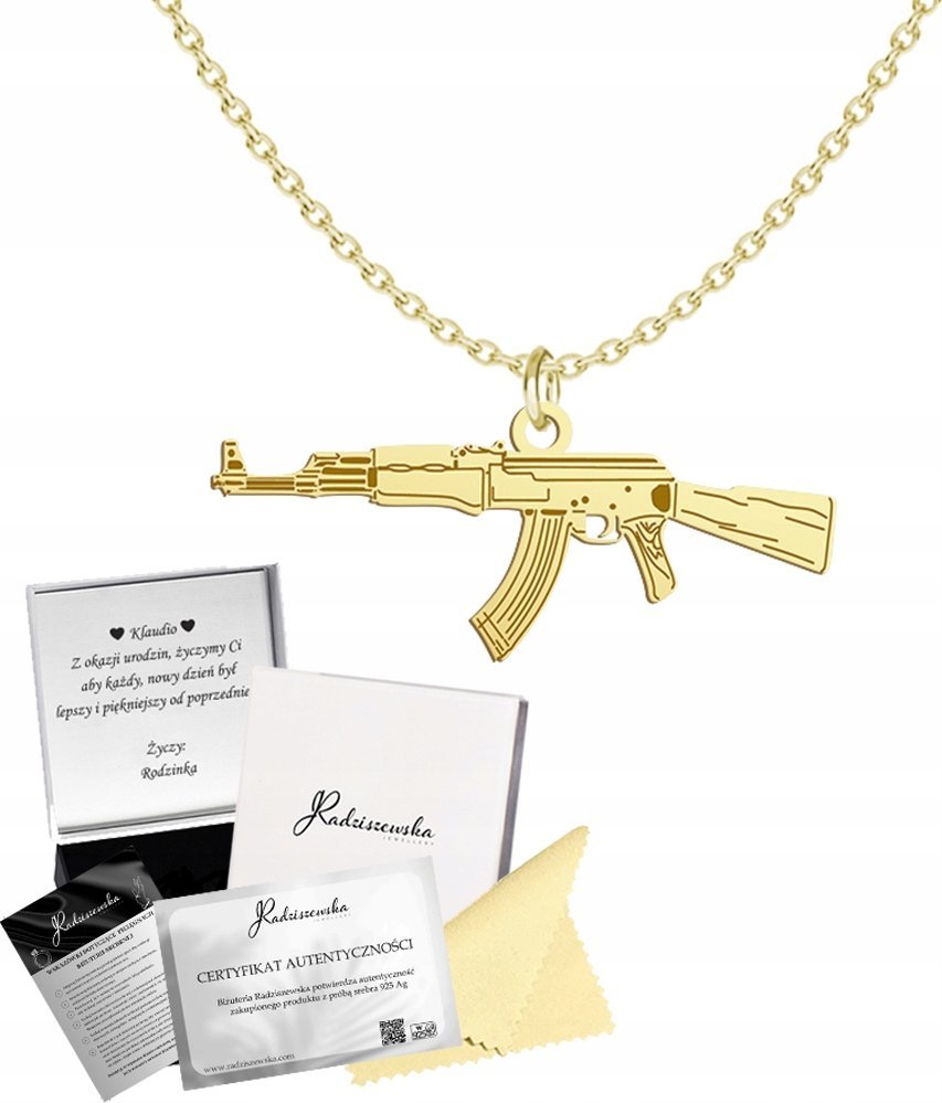 Radziszewska Jewellery Złoty Naszyjnik AK 47 Kałasznikow SREBRO 925 Prezent DEDYKACJA GRATIS