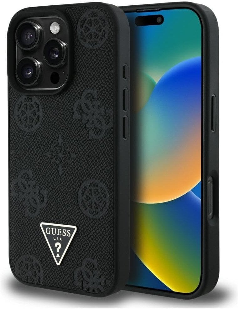 Etui Guess Grained Hot Stamp Peony Triangle Logo MagSafe do iPhone 16 Pro czarny