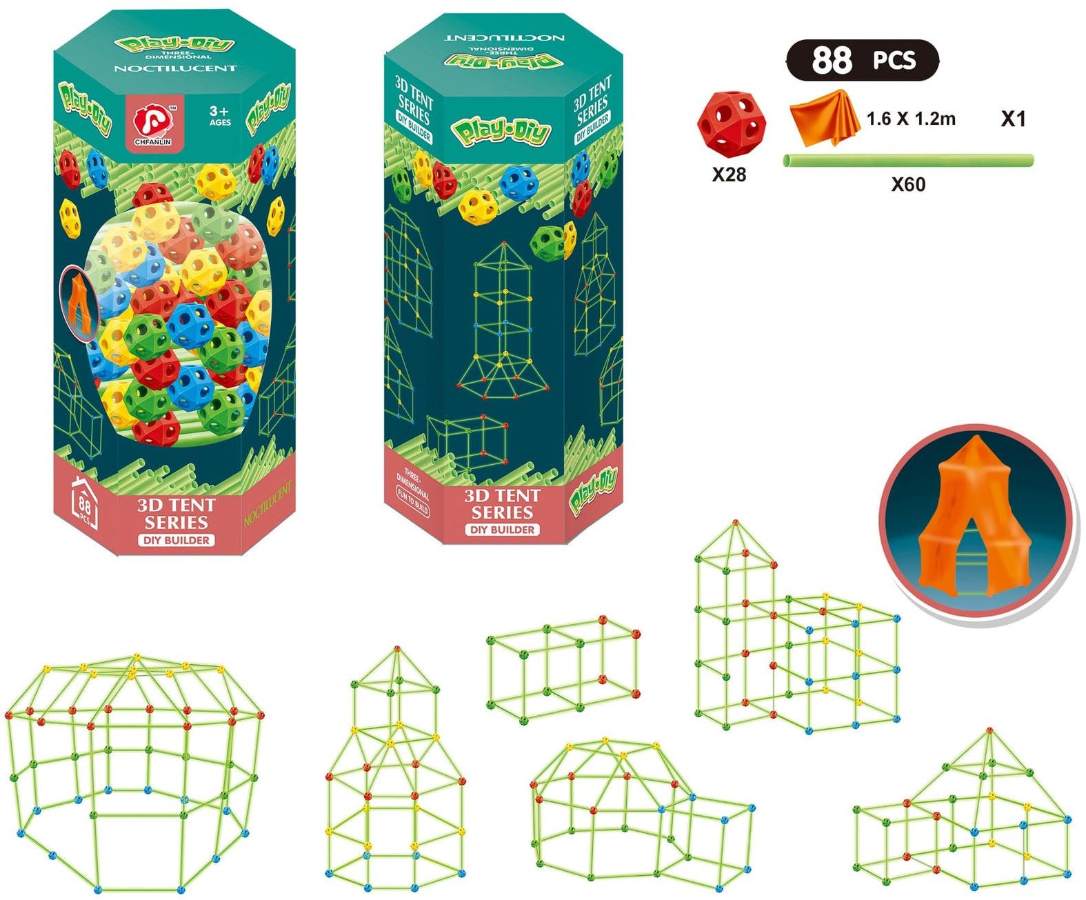 KLOCKI RURKI NAMIOT FOSFORYZUJĄCE 88 ELE