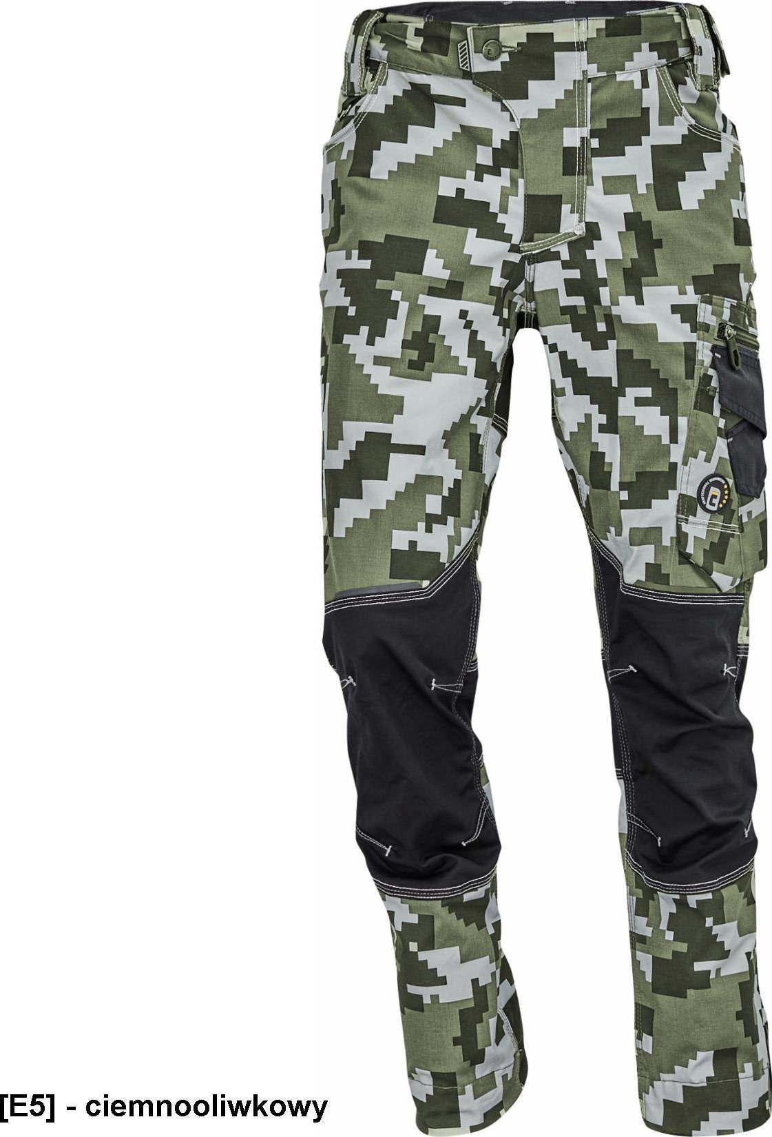 CERVA NEURUM CAMOUFLAGE spodnie - męskie spodnie robocze, 6 kieszeni, elastyczny materiał Trifibetex, nadruk moro, odblaski - ciemnooliwkowy 58