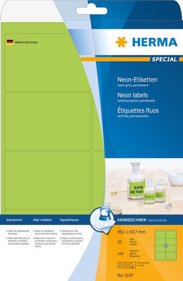 Herma Etykiety kolorowe A4, papier matowy jaskrawy zielony, 160 szt (5147)