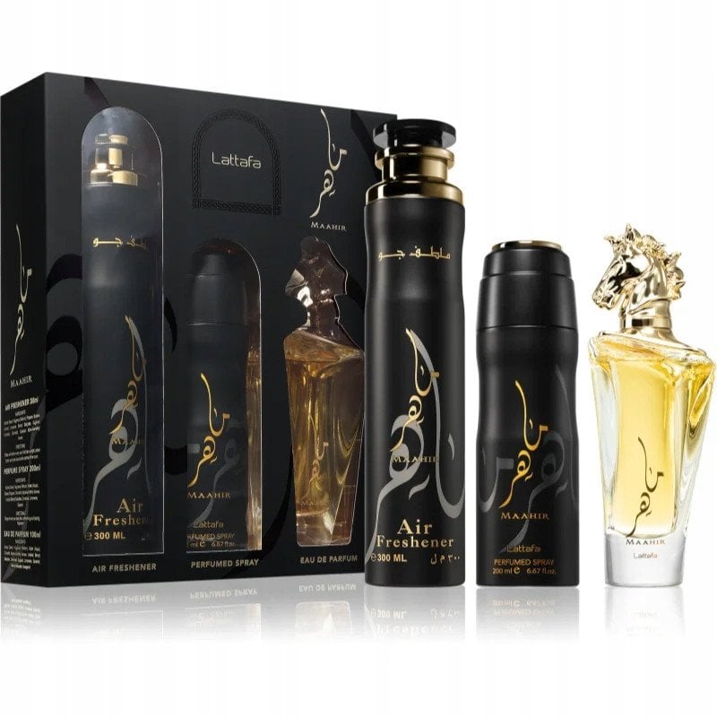 SET LATTAFA Maahir EDP spray 100ml + PERFUMED SPRAY 200ml + AIR FRESHENER 300ml
