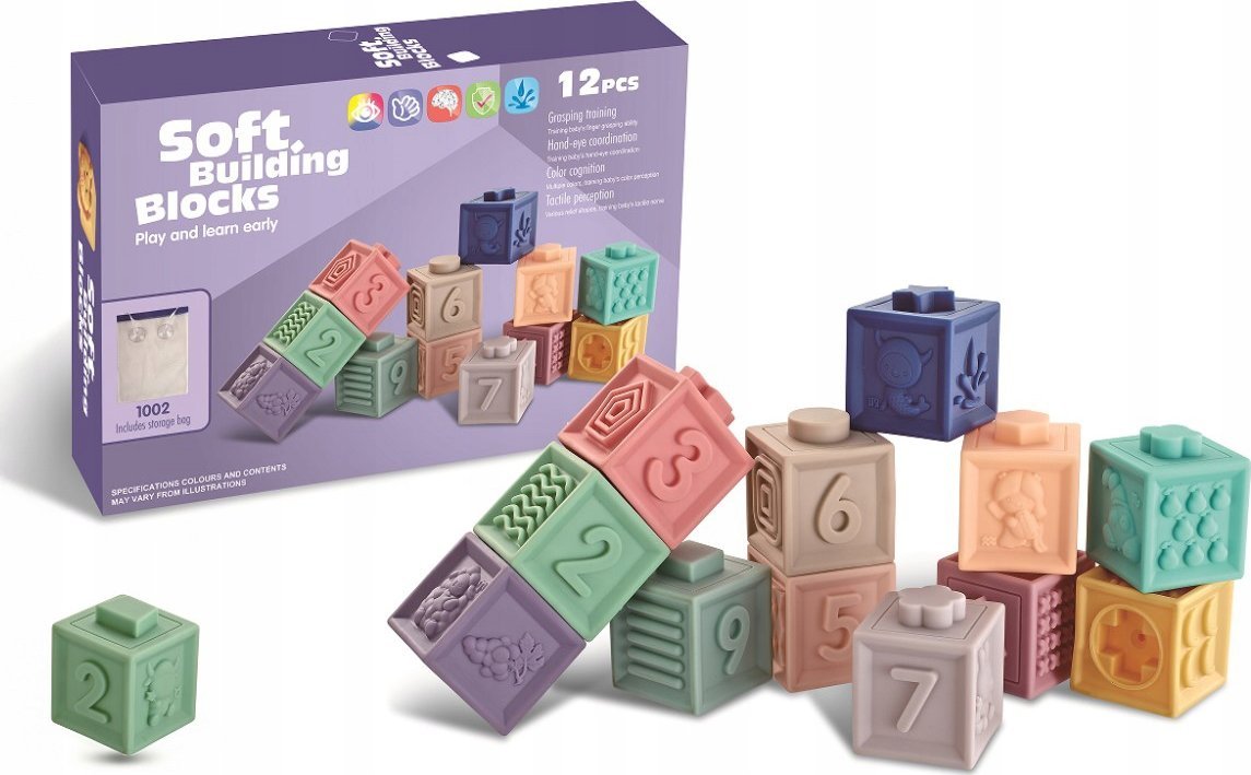 Edukacyjny zestaw klocków dla malucha, Miękkie Klocki, Cyferki, Figury geometryczne, Kształty 12 sztuk
