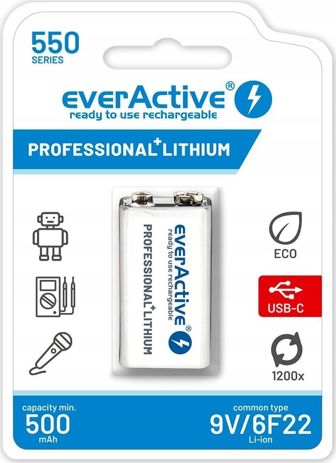 EverActive Akumulatorek everActive 6F22/9V Li-ion 550 mAh z USB TYP C