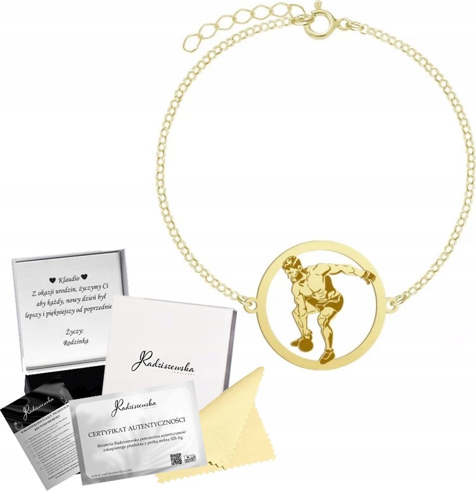 Radziszewska Jewellery Złota Bransoletka Męska Kettlebell Crossfit Pancerka 925 Prezent GRAWER