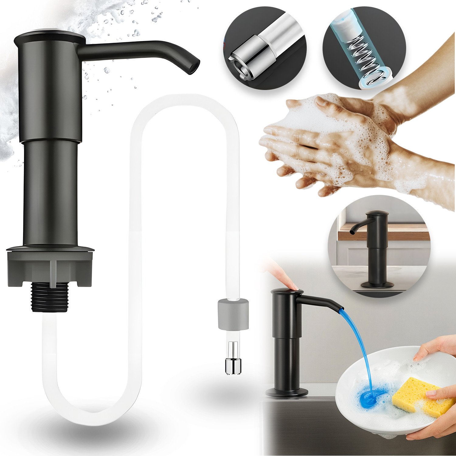 Kuchenny dozownik do płynu do naczyń z wężykiem Heckermann 500ml Czarny Nablatowy