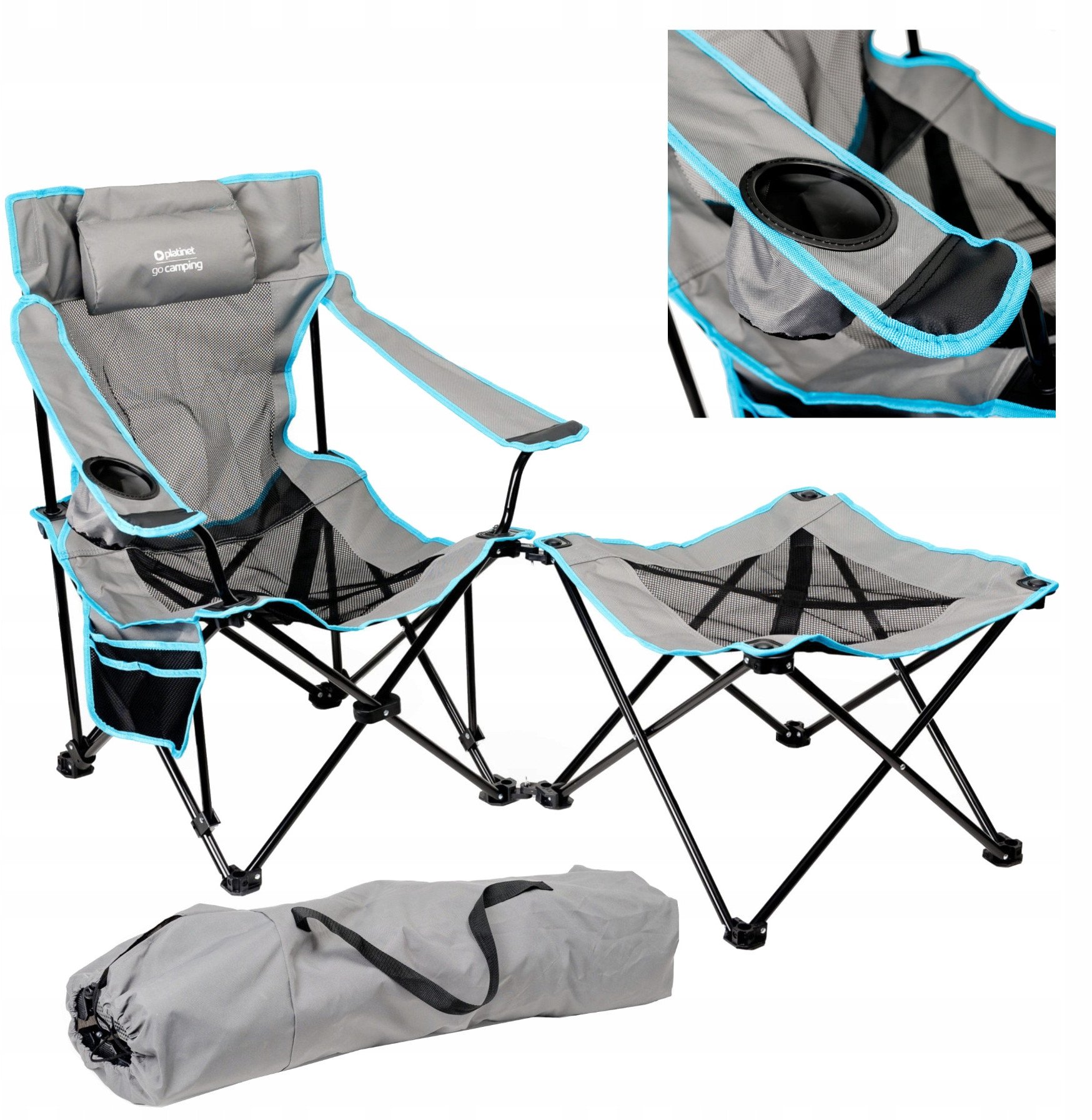 PLATINET CAMPING SET OF 2, FOLDING TABLE/ FOOTREST + CHAIR BLACK BLUE [45907]