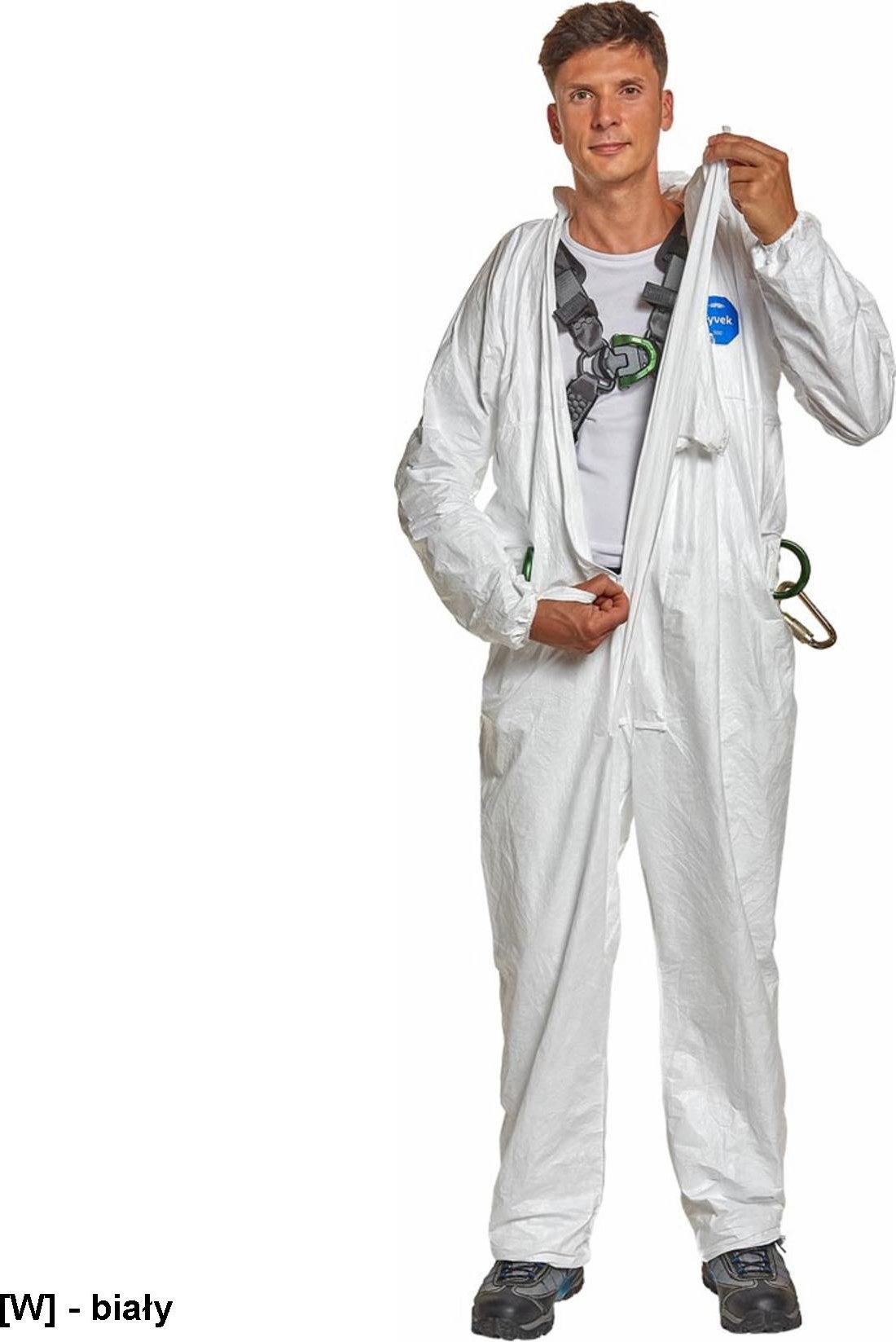 TYV-KOM-500HP - Kombinezon ochronny TYVEK 500 HP kompatybilny z szelkami bezpieczeństwa posiada cztery punkty dostępowe do szelek trójwarstwowy kaptur