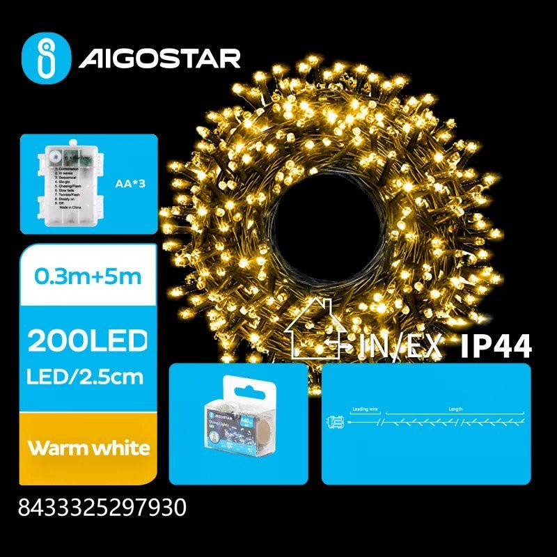 Lampki choinkowe Aigostar Lampki choinkowe ozdobne na 3 baterie AA, Ciepła biel, Płaska taśma świetlna fajerwerkowa na 3 baterie AA, Ciepła biel,